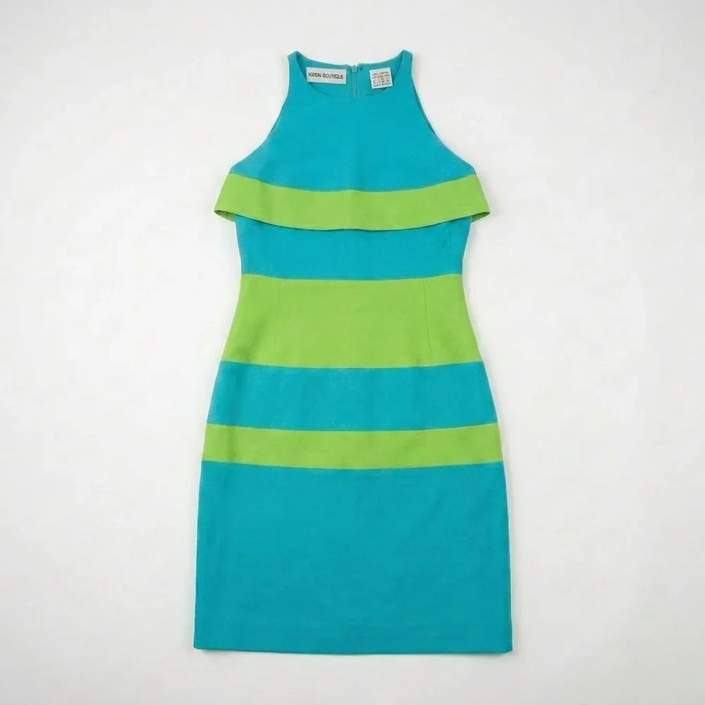 Vintage Nipon Boutique Rayon Dress Lime Green Turquoise Size Small Retro 80s - Picture 2 of 9